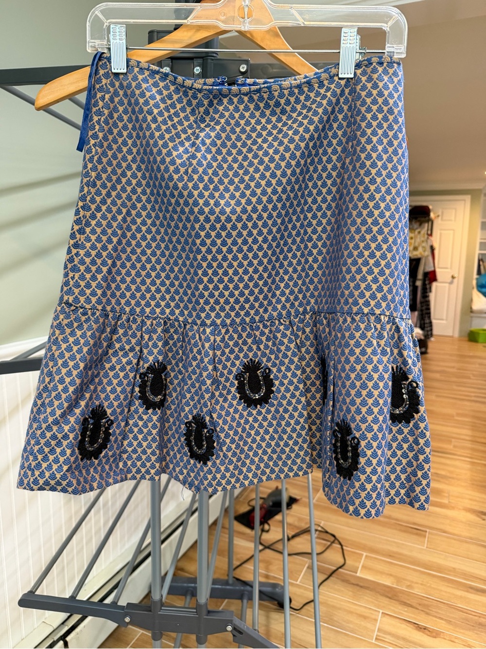 leifsdottir Blue and Tan Tiered Skirt with Black Embellishment